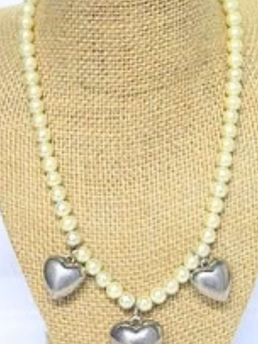 Vintage Faux Pearl Necklace Silver Tone Triple Heart Charms Estate Jewelry
